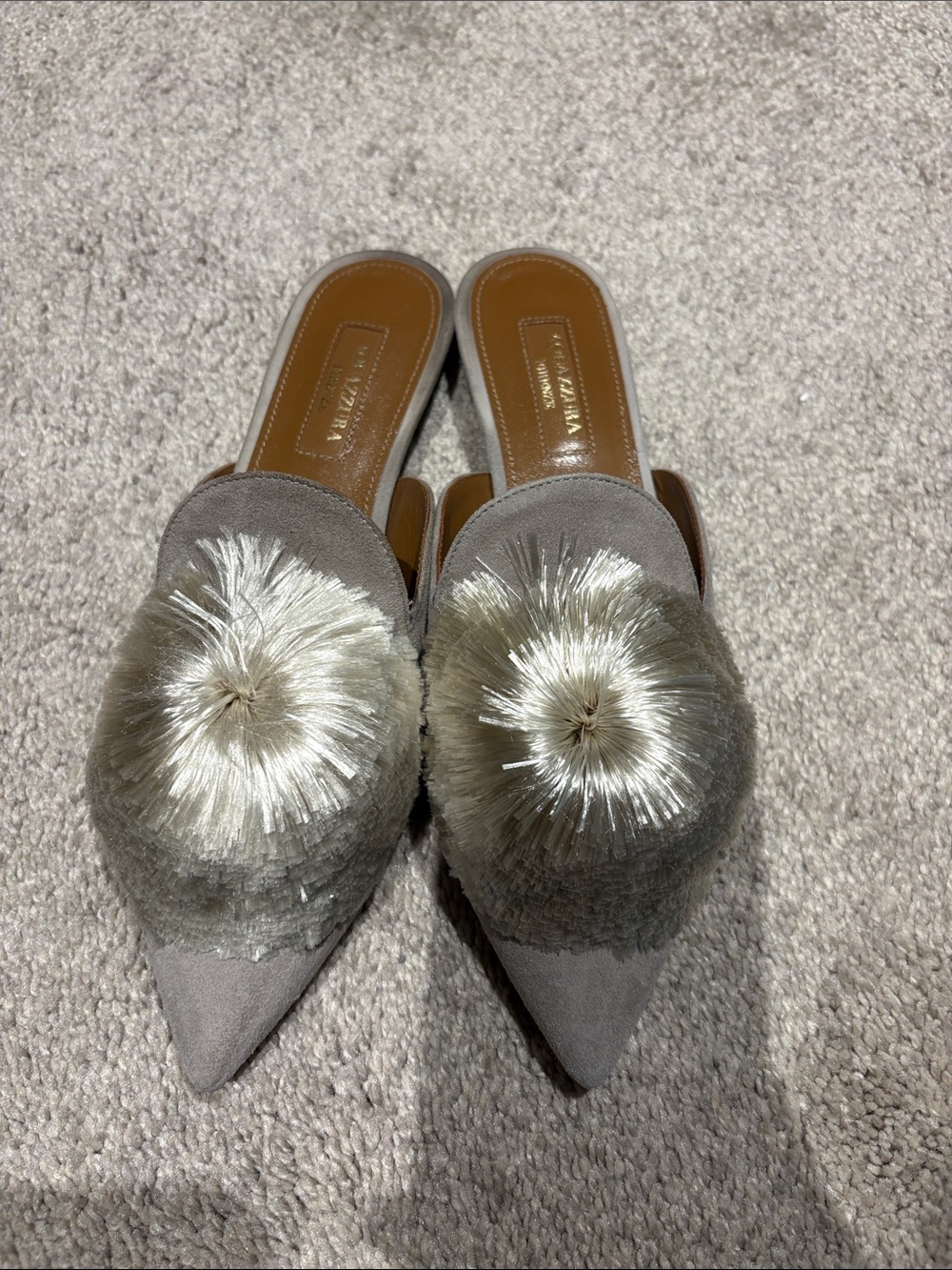 Aquazzura Taupe Suede Pointed Mules with Fur Pom - Picture 2 of 4